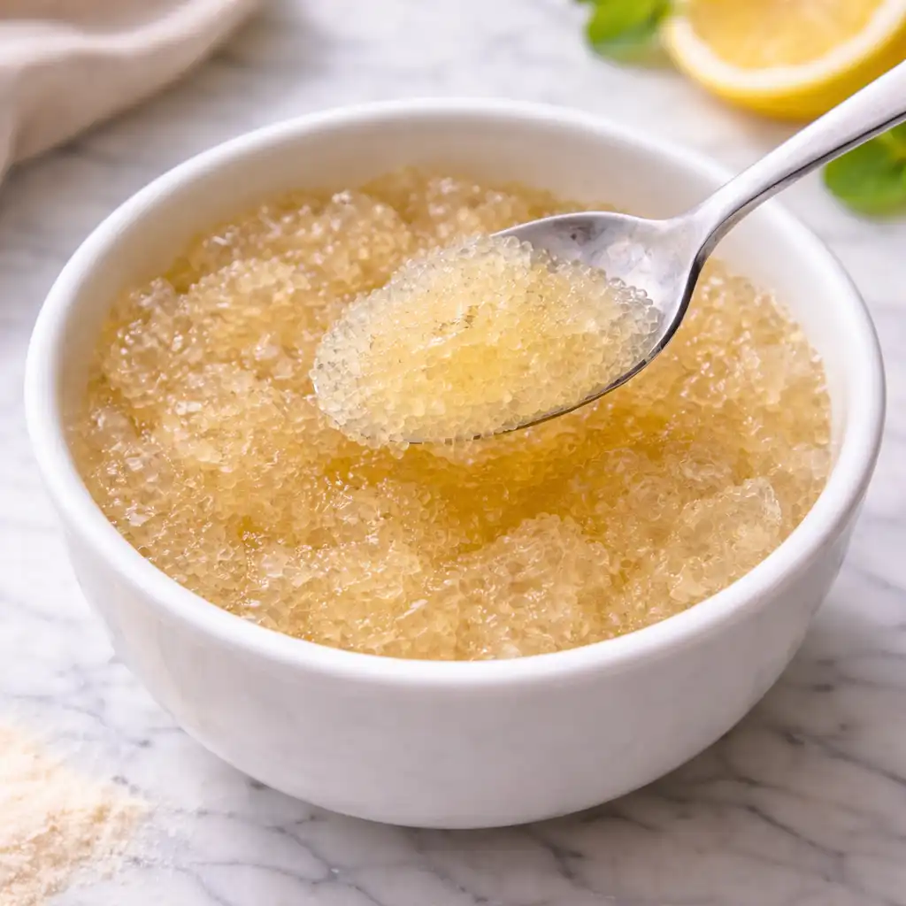 Clear gelatin cubes made from the gelatin trick recipe served in white bowl on marble surface