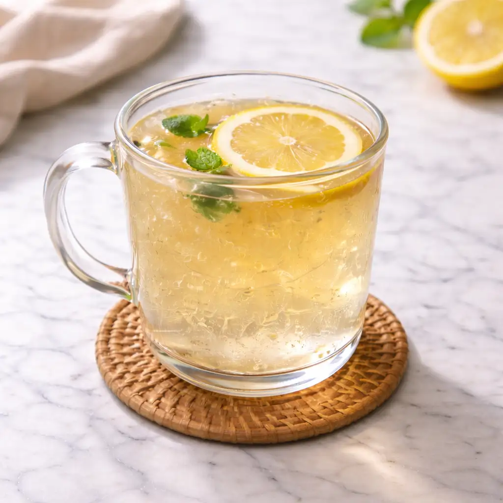 Clear gelatin cubes made from the gelatin trick recipe served in white bowl on marble surface