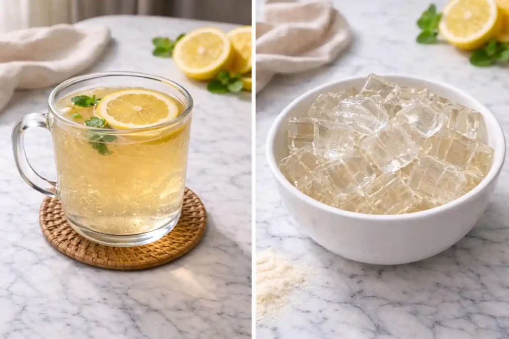 Clear gelatin cubes made from the gelatin trick recipe served in white bowl on marble surface