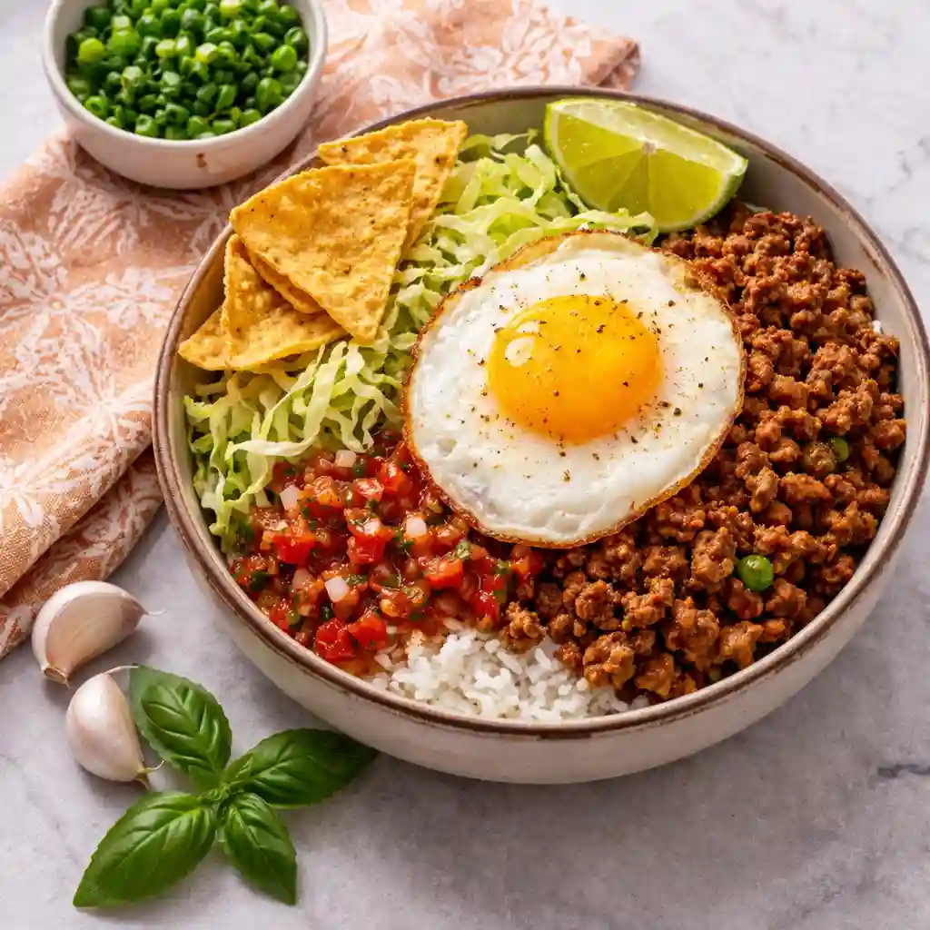 Homemade Boy Kibble recipe with ground beef, jasmine rice, and bone broth in a meal prep bowl.