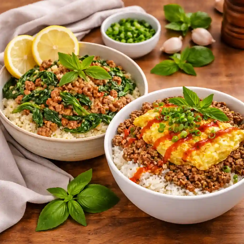 Homemade Boy Kibble recipe with ground beef, jasmine rice, and bone broth in a meal prep bowl.