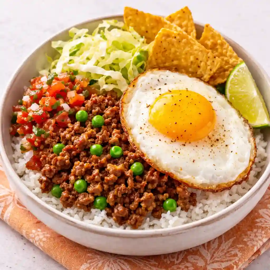 Homemade Boy Kibble recipe with ground beef, jasmine rice, and bone broth in a meal prep bowl.
