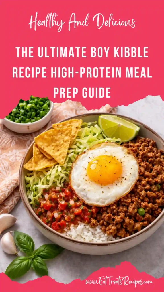 Homemade Boy Kibble recipe with ground beef, jasmine rice, and bone broth in a meal prep bowl.