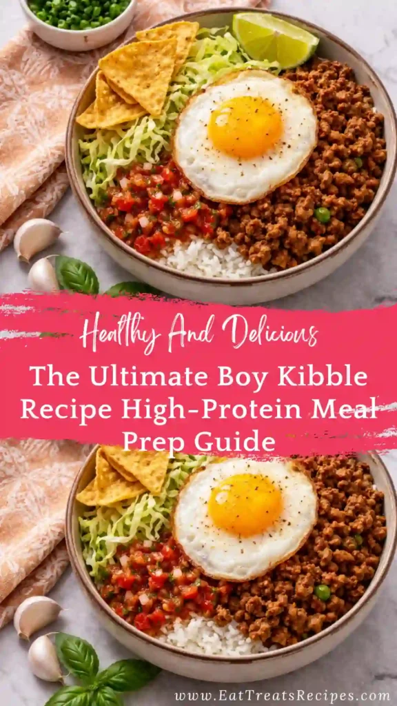 Homemade Boy Kibble recipe with ground beef, jasmine rice, and bone broth in a meal prep bowl.