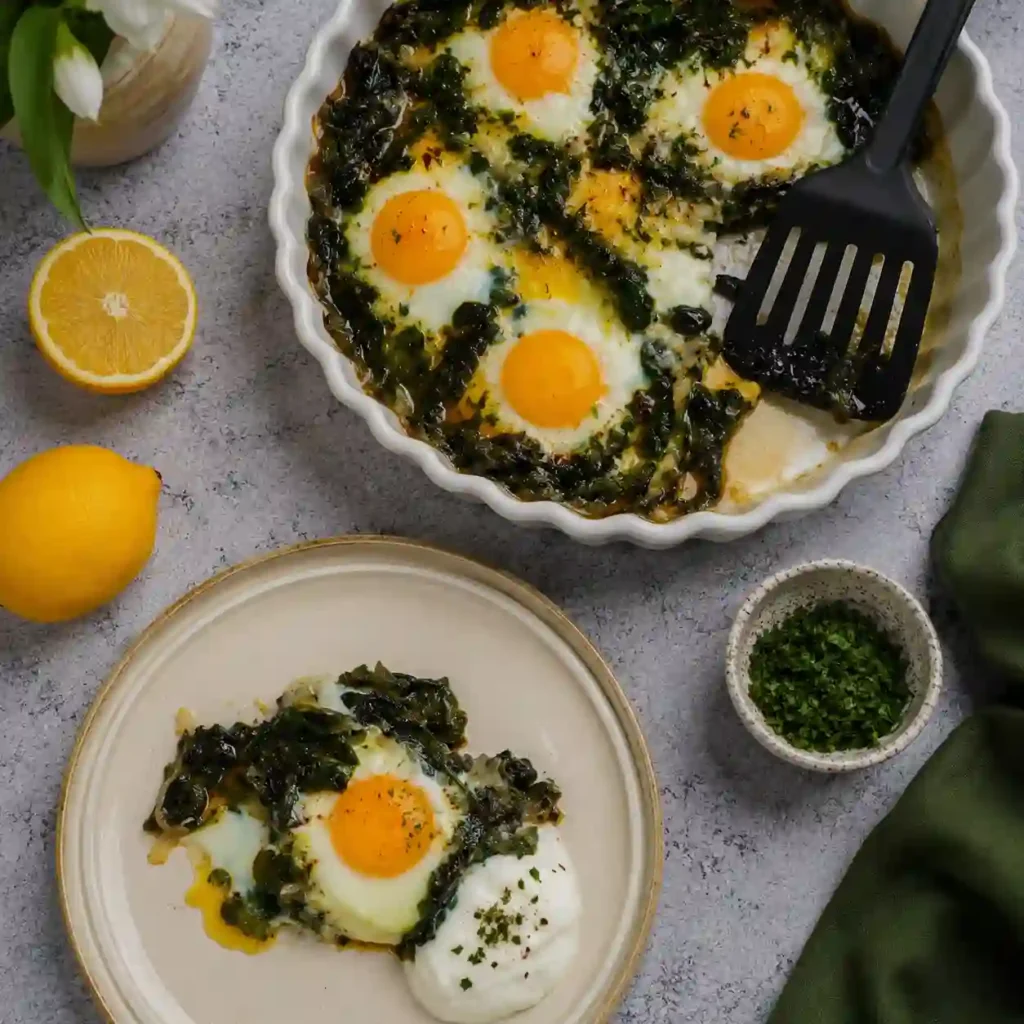 Creamy baked eggs with spinach