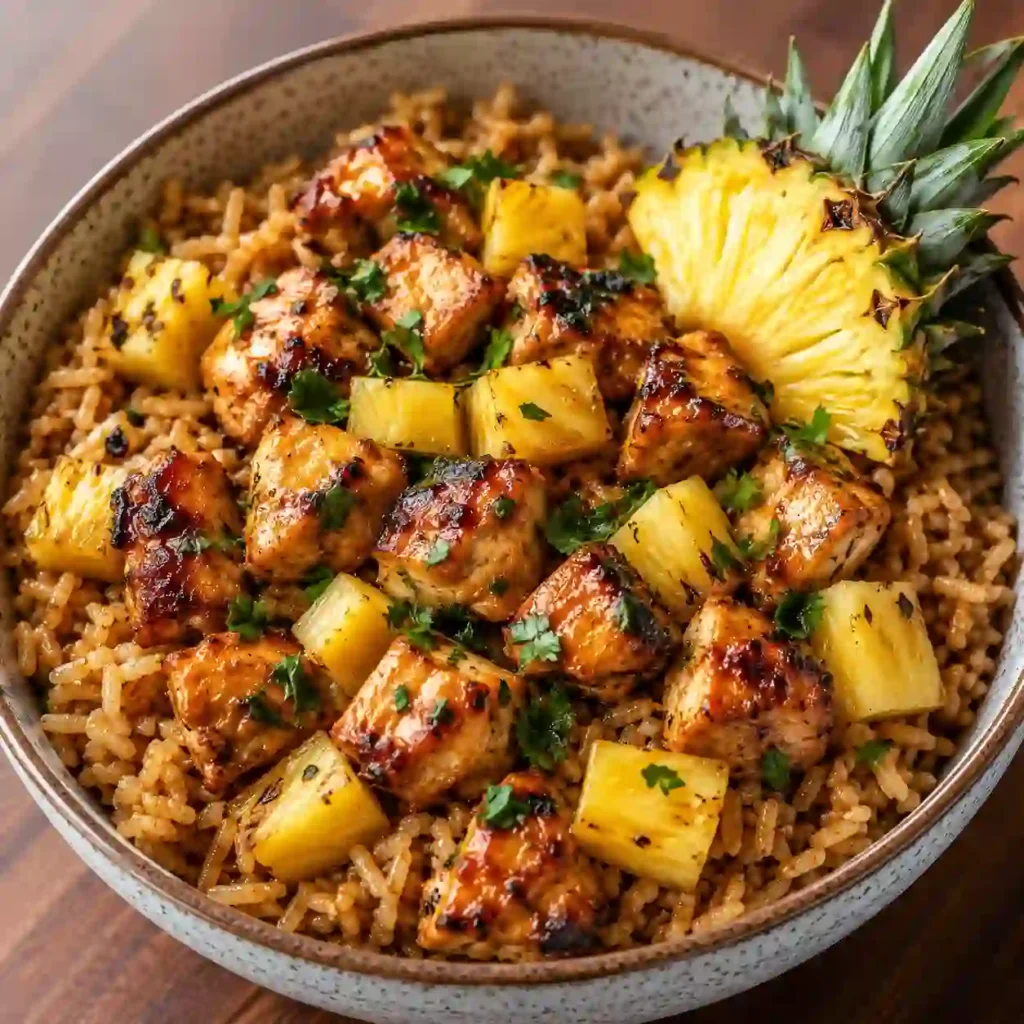 healthy pineapple chicken rice bowl