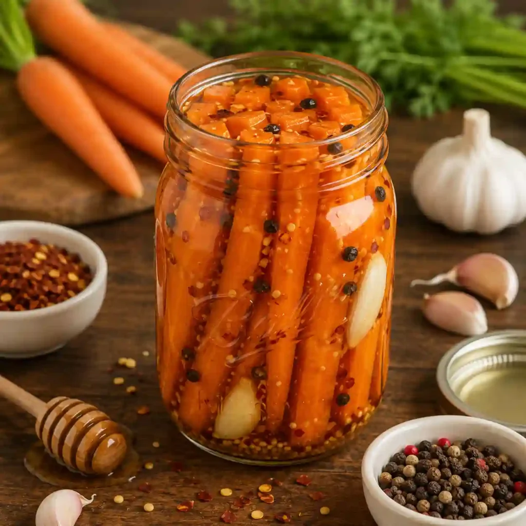Hot honey pickled carrots in jars