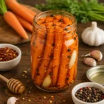 Hot honey pickled carrots in jars