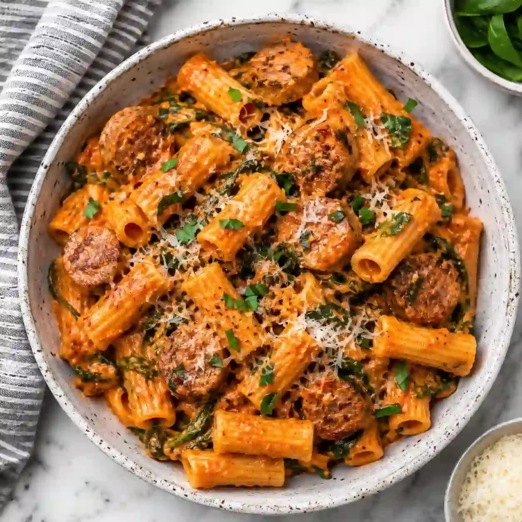 Family-style Chicken Sausage Pasta with Parmesan and herbs