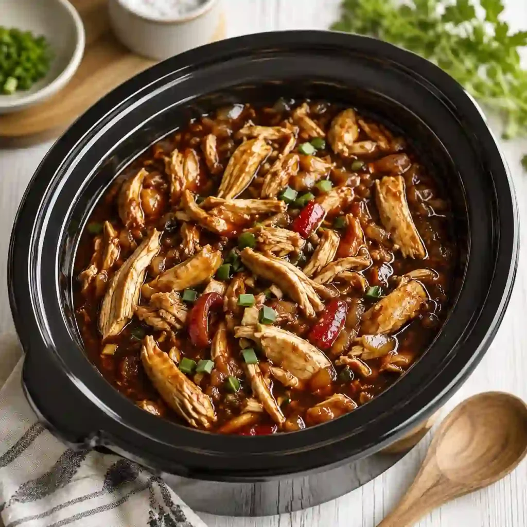 Crock Pot Bourbon Chicken on a cozy dinner table