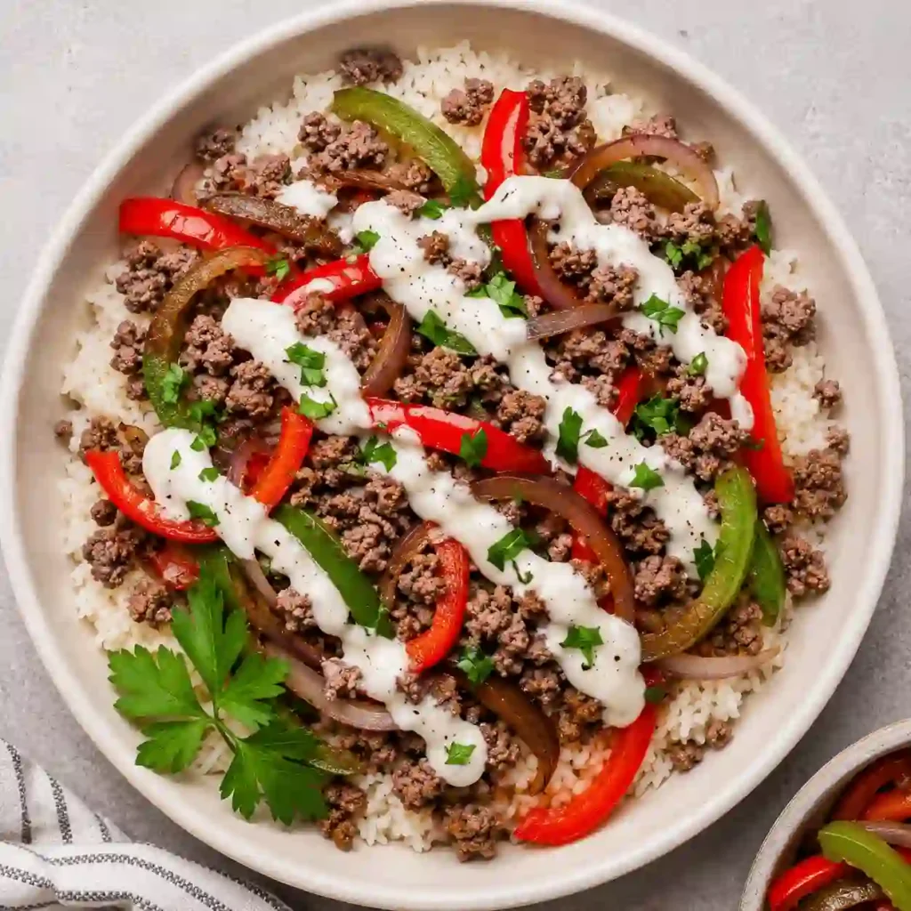 Ground Beef Philly Cheesesteak Bowl with melted provolone and peppers
