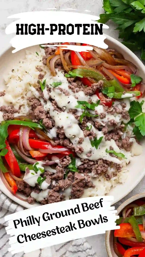 Ground Beef Philly Cheesesteak Bowl with melted provolone and peppers