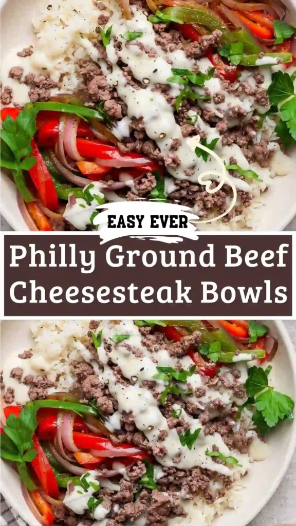 Ground Beef Philly Cheesesteak Bowl with melted provolone and peppers