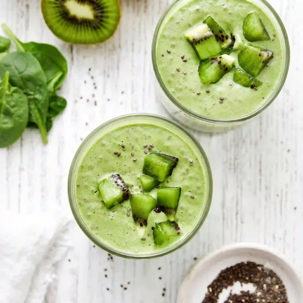 An elegant glass jar holding an anti-inflammatory kiwi breakfast smoothie on a white marble background.