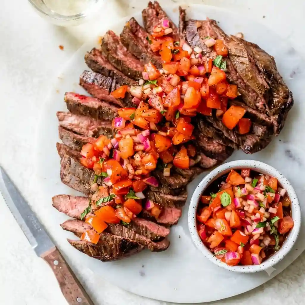 Raw flank steak being prepared with garlic and olive oil on a marble countertop.