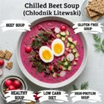 A modern glass bowl holding deep purple anti-inflammatory chilled beet soup on a bright white marble background.