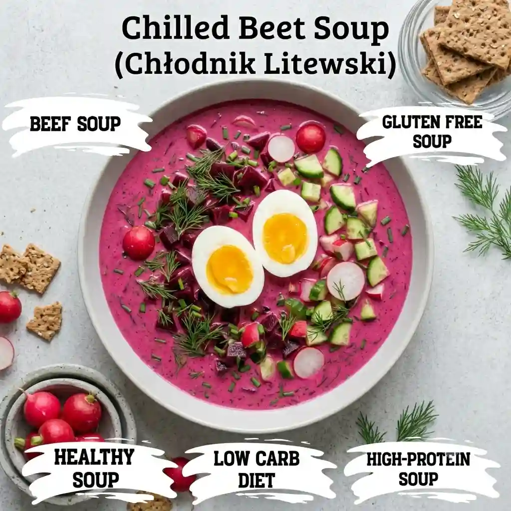 A modern glass bowl holding deep purple anti-inflammatory chilled beet soup on a bright white marble background.