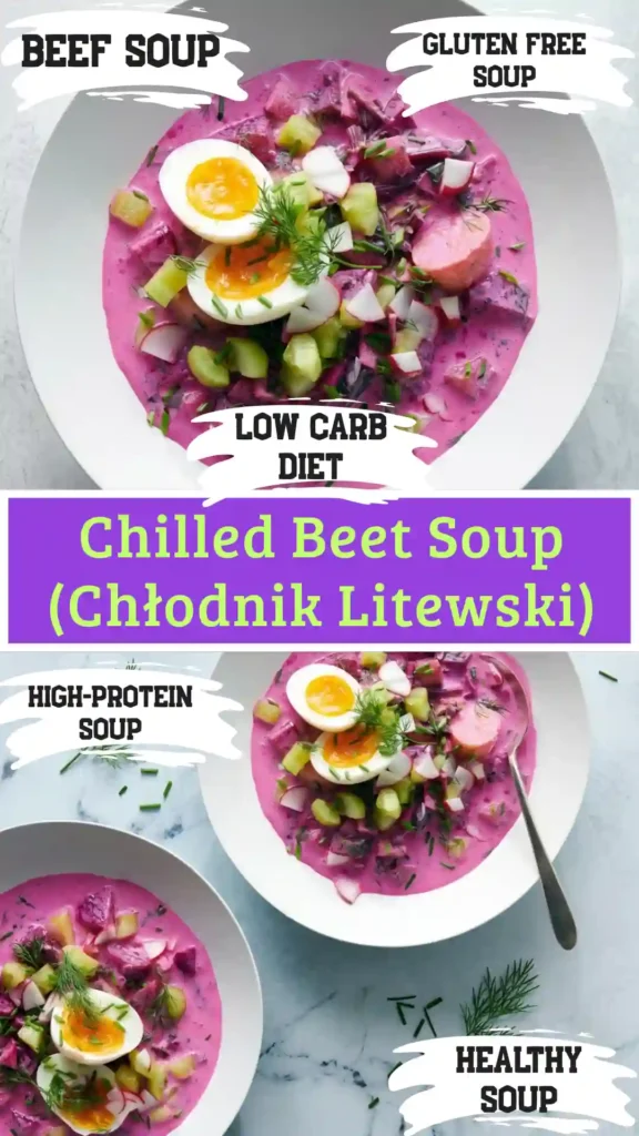 A modern glass bowl holding deep purple anti-inflammatory chilled beet soup on a bright white marble background.