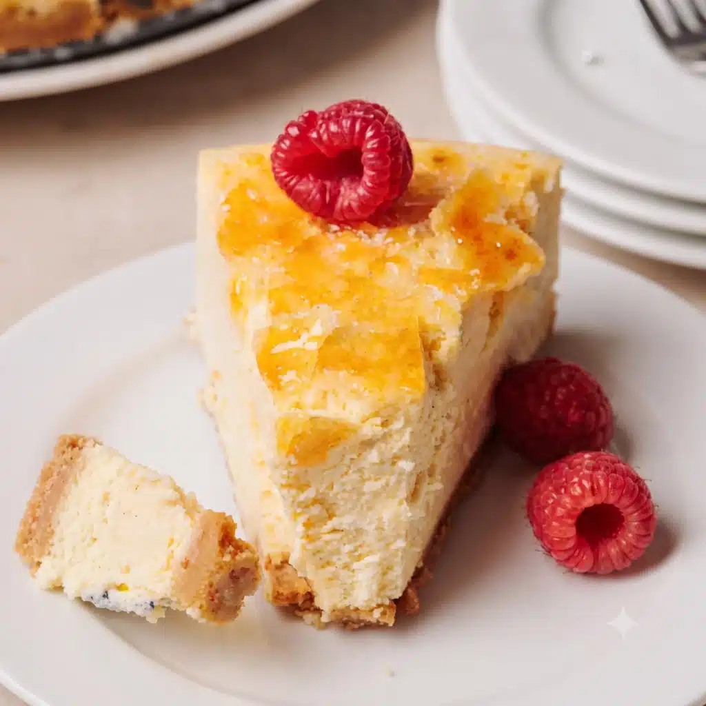 A modern glass bowl holding anti-inflammatory crème brûlée cheesecake on a bright white marble background.