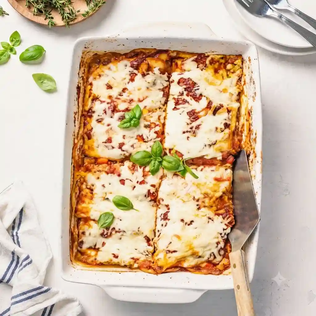 Clean eating plate of organic high protein ratatouille lasagna with chickpea pasta on a white marble backdrop.