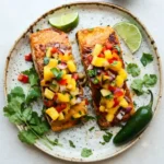 Clean eating plate of organic wild caught mango salsa salmon with ancient quinoa on a bright white marble backdrop.