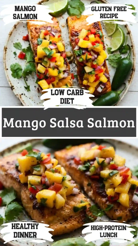 Clean eating plate of organic wild caught mango salsa salmon with ancient quinoa on a bright white marble backdrop.