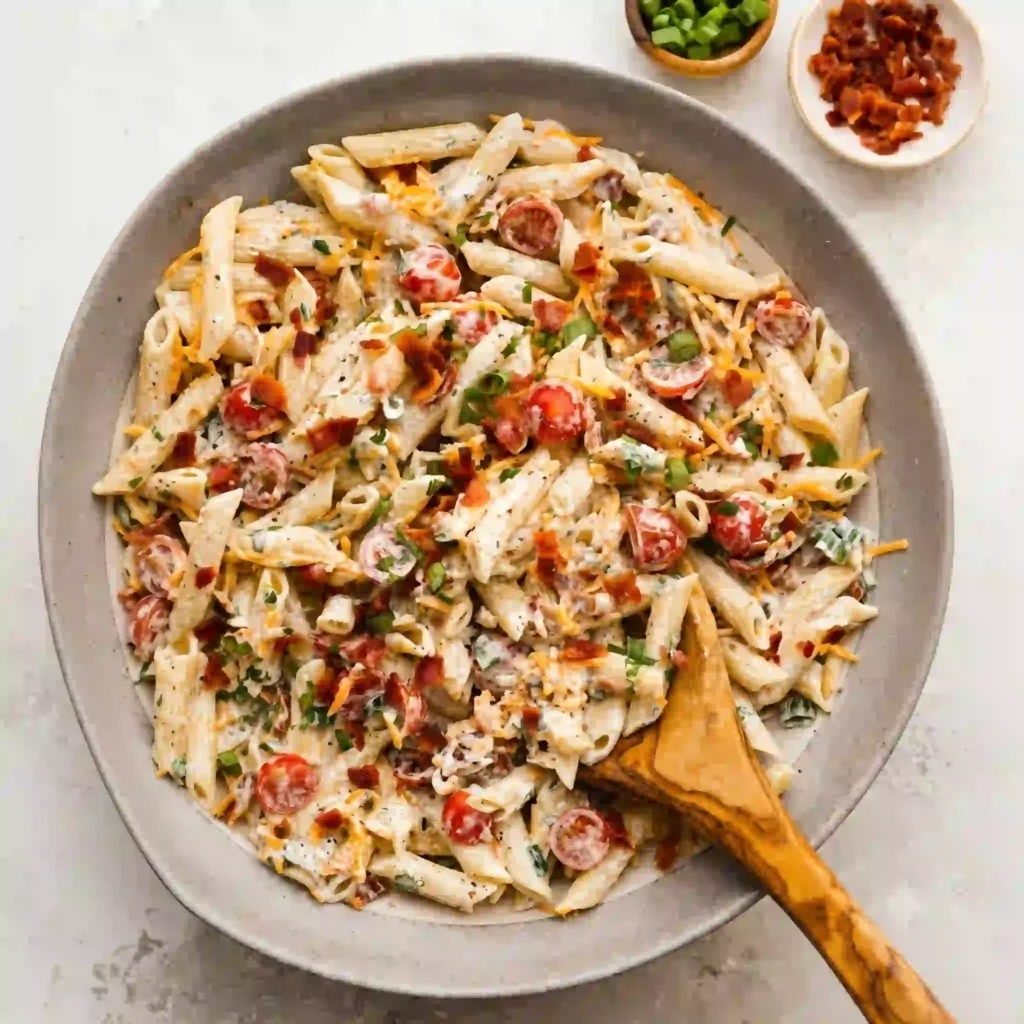 A modern glass bowl holding anti-inflammatory million dollar pasta salad on a bright white marble background.