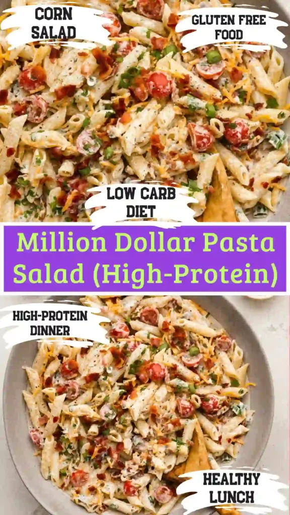 A modern glass bowl holding anti-inflammatory million dollar pasta salad on a bright white marble background.