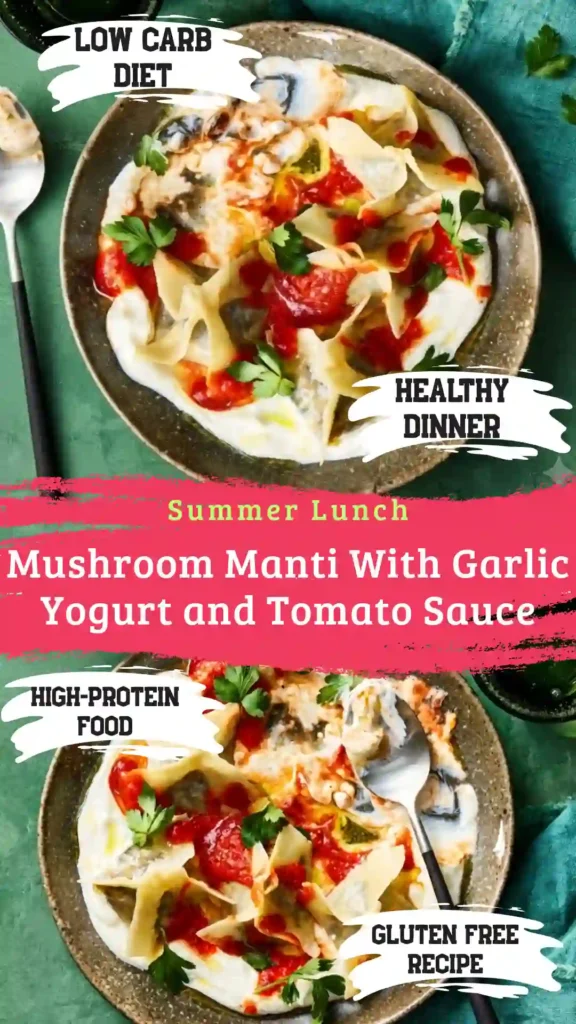 Clean eating plate of organic mushroom manti with probiotic skyr and raw tomato sauce on a white marble backdrop.