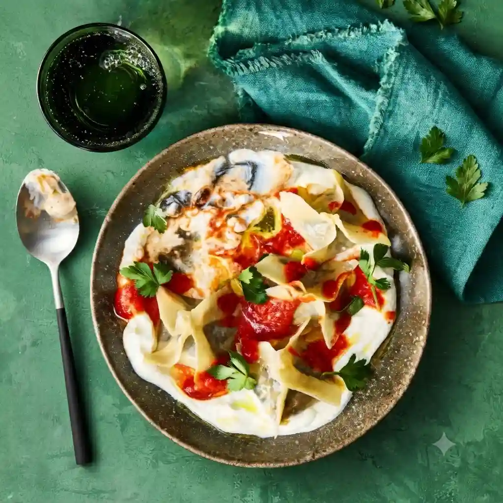 Clean eating plate of organic mushroom manti with probiotic skyr and raw tomato sauce on a white marble backdrop.